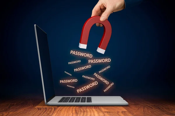 パスワード データ侵害 サイバーセキュリティを漏洩し 盗まれたパスワードの概念をハッキングしました 磁石と手スパイウェア 視覚的なメタファーと概念によって保護されていないコンピュータからパスワードを盗む — ストック写真