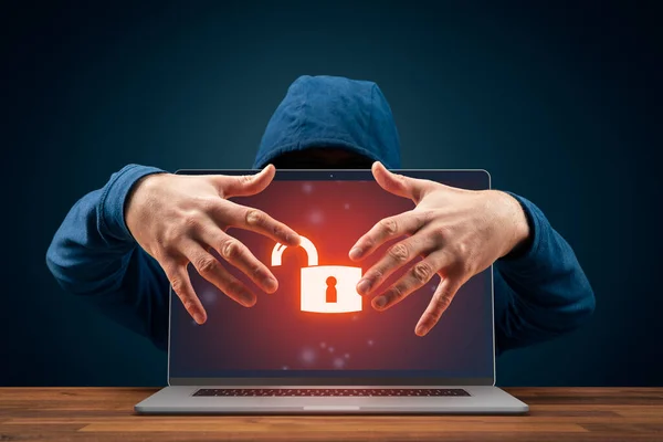 Unprotected Computer Usurped Hacker Cyber Security Threat Concept Notebook Red — Stock Photo, Image