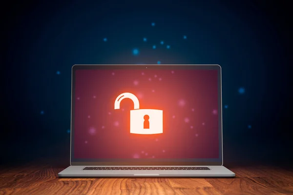 Onbeschermde Computer Cyber Security Threat Concept Notitieboek Met Rood Scherm — Stockfoto