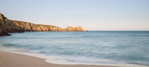 Гарний Захід Сонця Краєвид Зображення Porthcurno Пляж Узбережжі Південної Корнуолл — стокове фото