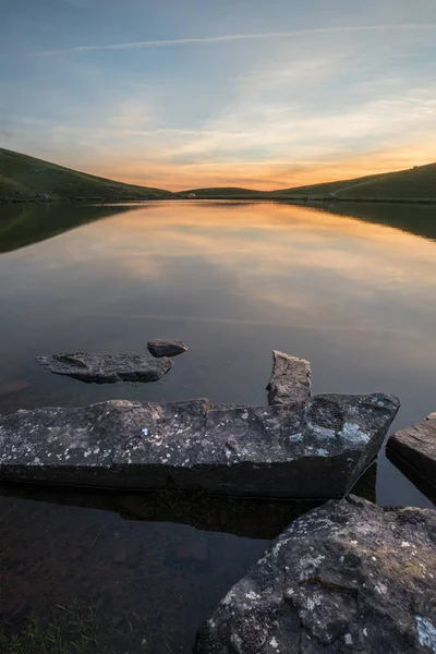 Beautiful Summer Sunrise Landscape Colors Reflected Llyn Cwm Lwch Brecon — Stock Photo, Image