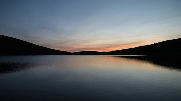 Beautiful Summer Sunrise Landscape Colors Reflected Llyn Cwm Lwch Brecon — Stock Photo, Image
