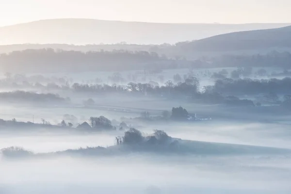 Pięknego Parku Angielskiego Mglisty Krajobraz Wschodzie Słońca Zimie Warstw Toczenia — Zdjęcie stockowe