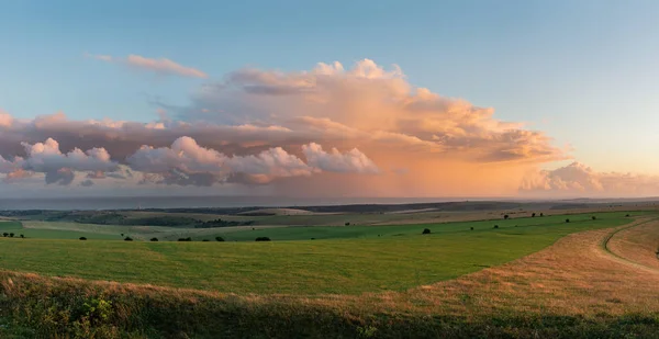 Beautiful Large Panorama Summer Sunset Landscape Image South Downs National — Stock Photo, Image