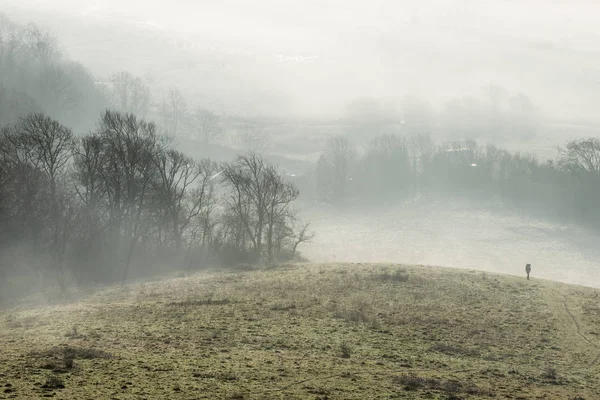 Beautiful Foggy English Countryside Landscape Sunrise Winter Layers Rolling Fields — Stock Photo, Image