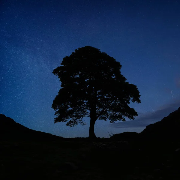 Impressionante Vibrante Láctea Imagem Composta Sobre Paisagem Sycamore Gap Muralha — Fotografia de Stock