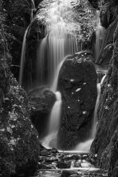 Atemberaubende Hohe Wasserfall Landschaft Laub Frühherbst Schwarz Weiß — Stockfoto
