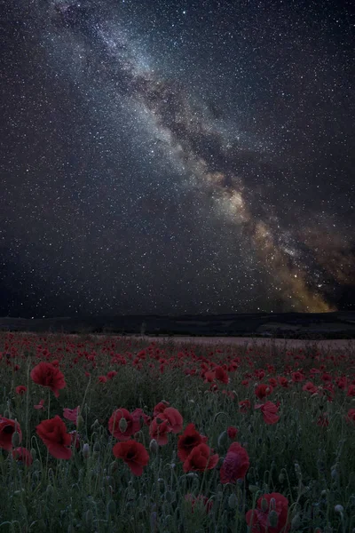 Impressionante Vibrante Láctea Imagem Composta Sobre Paisagem Campo Papoula Verão — Fotografia de Stock