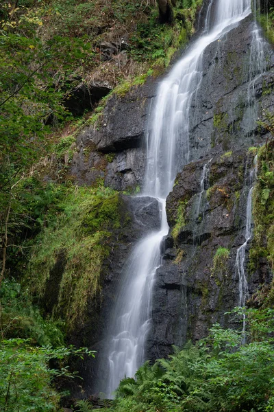 Splendida Cascata Alta Che Scorre Sopra Lussureggiante Fogliame Paesaggio Verde — Foto Stock