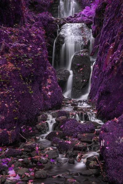 Wspaniały Wodospad Wysoki Surrealistyczne Alternatywnego Koloru Przepływającym Przez Bujną Roślinność — Zdjęcie stockowe