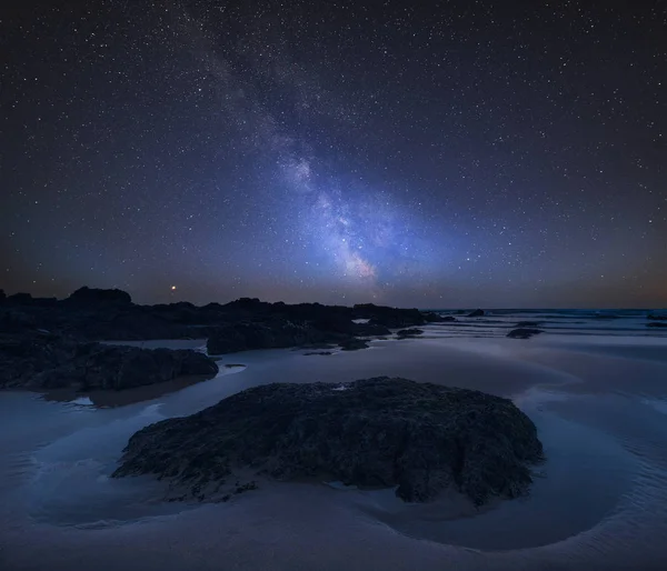 Superbe Image Composite Vibrante Voie Lactée Sur Paysage Plage Eau — Photo