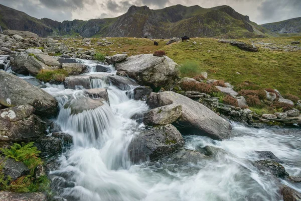 Landscape Image River Flowing Mountain Range Llyn Ogwen Llyn Idwal — Stock Photo, Image