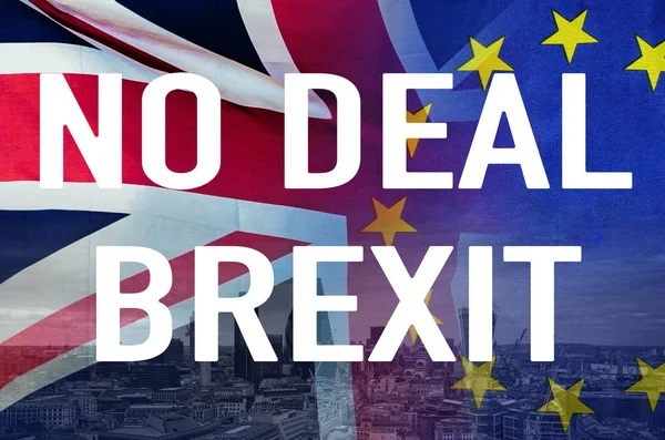 No Deal BREXIT concept image of text over London image and UK and EU flags symbolising destruction of agreement