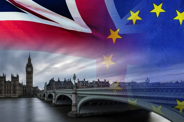 Brexit Image Conceptuelle Image Londres Des Drapeaux Britanniques Européens Superposés — Photo