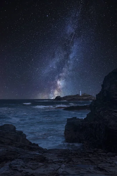 Superbe Image Composite Vibrante Voie Lactée Sur Paysage Phare Godrevy — Photo