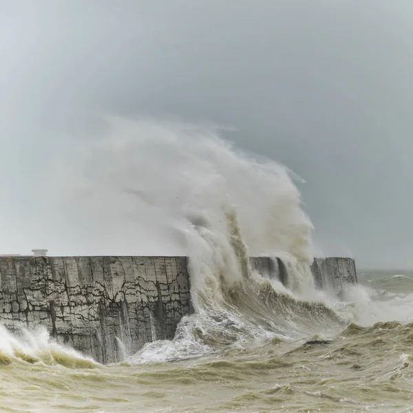 在英国海岸的纽黑文 在大风中 令人惊叹的海浪在港口墙上拍打 — 图库照片