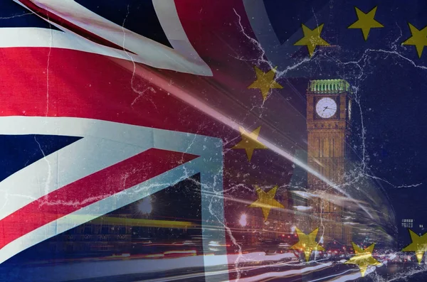 Deal Brexit Immagine Concetto Crepe Sopra Immagine Londra Con Bandiere — Foto Stock