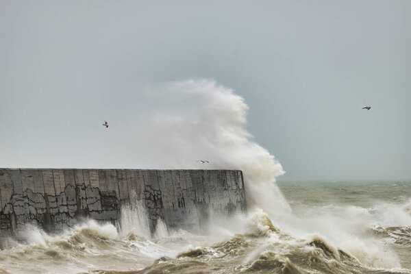 Потрясающие волны, разбивающиеся о стену гавани во время ветреной бури в Ньюхейвене на английском побережье
