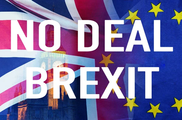 No Deal BREXIT concept image of text over London image and UK and EU flags symbolising destruction of agreement