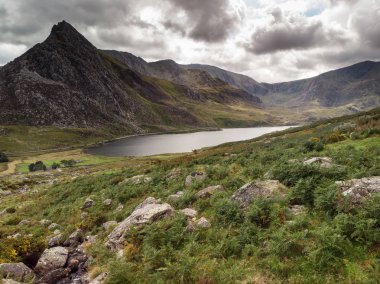 Havadan görünümü manzara nehir kaya ve şelale Snowdonia içinde aşağı akan robot