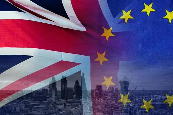Brexit Concept Image London Image Flags Overlaid Symbolising Agreement Deal — Stock Photo, Image