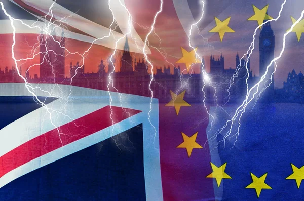Deal Brexit Concept Image Lightning London Flags Symbolising Destruction Agreement — Stock Photo, Image