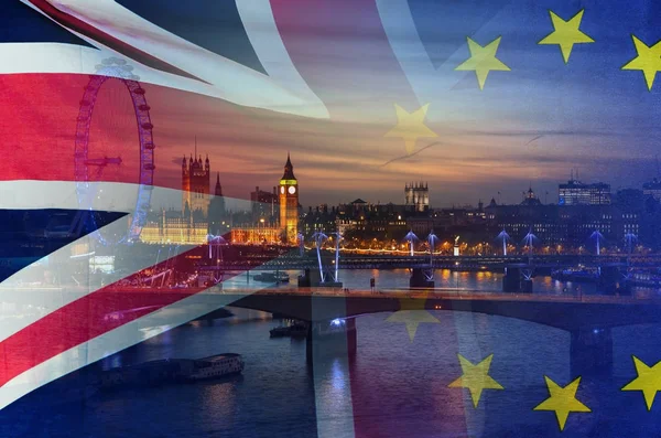 Brexit Концепція Зображення Зображення Лондона Великобританії Прапори Накладними Символізують Довголіття — стокове фото