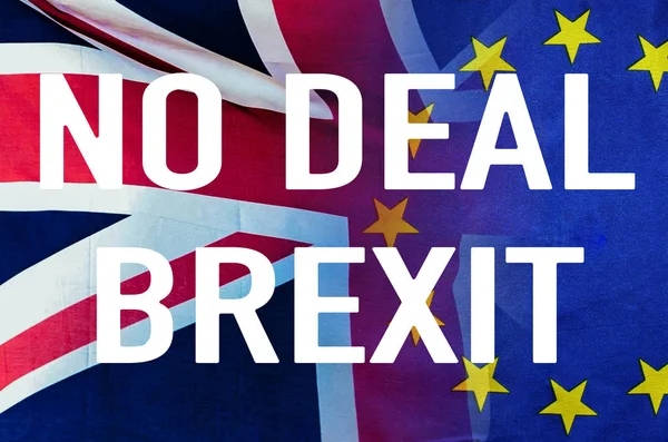 No Deal BREXIT concept image of text over London image and UK and EU flags symbolising destruction of agreement