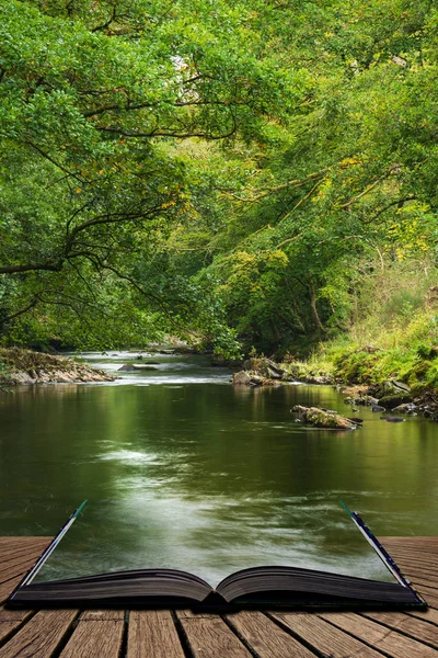 Stunning lush green riverbank with river flowing slowly past cal — Stock Photo, Image
