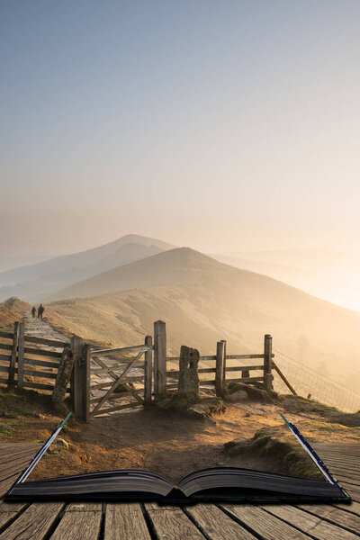 Beautiful Winter sunrise landscape image of The Great Ridge in the Peak District in pages of open book, story telling concept