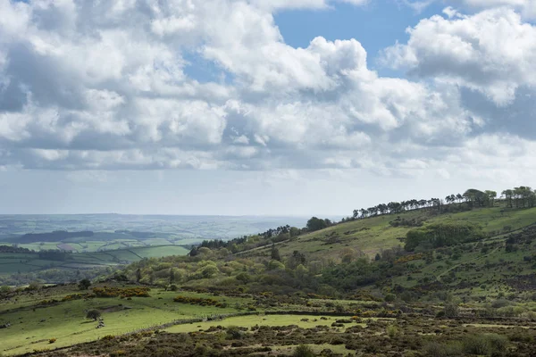 Lovely Spring landscape image of view from Haytor in Dartmoor Na — Stock Photo, Image