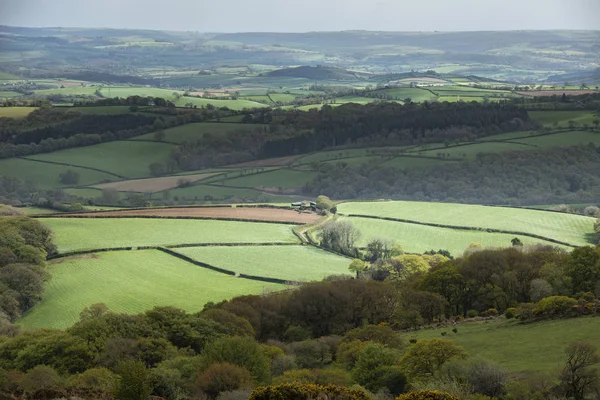 Lovely Spring landscape image of view from Haytor in Dartmoor Na — Stock Photo, Image