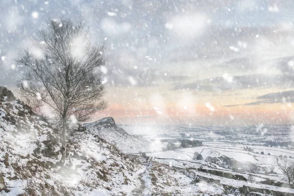 Зимний пейзаж при ярком закате над снежным покровом — стоковое фото