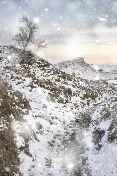 雪の上の鮮やかな夕暮れ時の美しい冬の風景カバー c — ストック写真