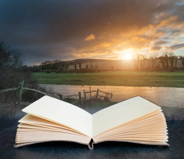 Digital Composite Konzeptbild Des Offenen Buches Wachstum Atemberaubende Winter Sonnenaufgang — Stockfoto