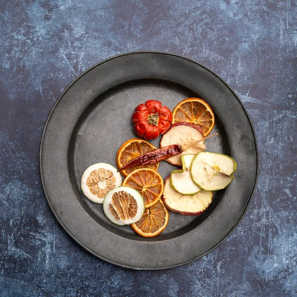 Flat Lay Image Dried Seasonal Winter Fruit Textured Rough Background — Stock Photo, Image