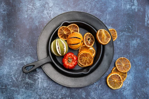 Flat Lay Image Dried Seasonal Winter Fruit Textured Rough Background — Stock Photo, Image