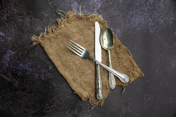 Flat Lay Image Vintage Cutlery Textured Rough Background — Stock Photo, Image