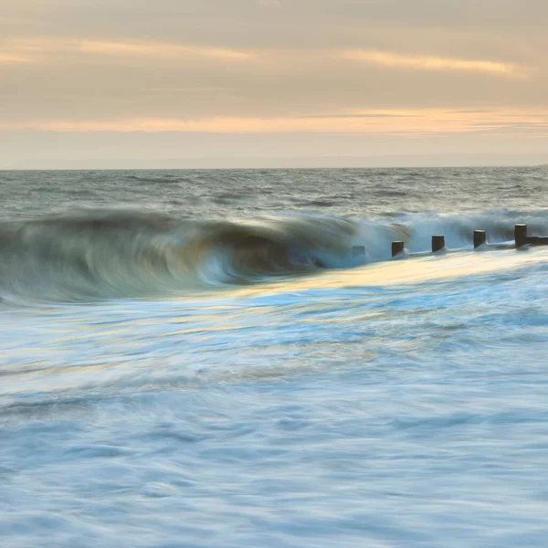 Beautiful Abstract Long Exposure Landscape Image Waves Crashing Groynes Beach — Stock Photo, Image