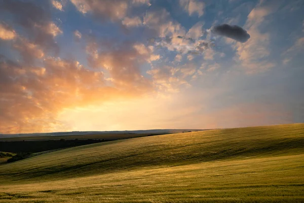 英語の田舎で日没時の大麦の作物のフィールドの美しい風景のイメージ — ストック写真