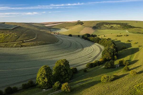 Beautiful Drone Landscape Image English Countryside Late Afternoon Sunset Summer — Stock Photo, Image