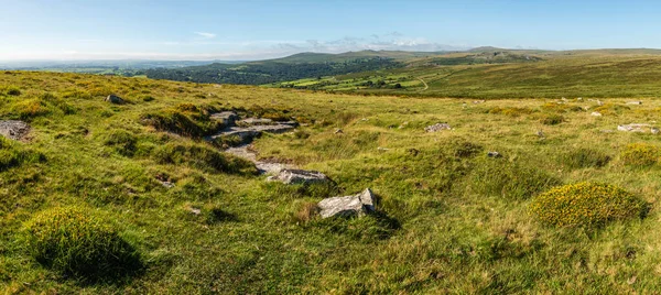 Schöne Aussicht Über Den Dartmoor Nationalpark Sommer Mit Weiten Ausblicken — Stockfoto