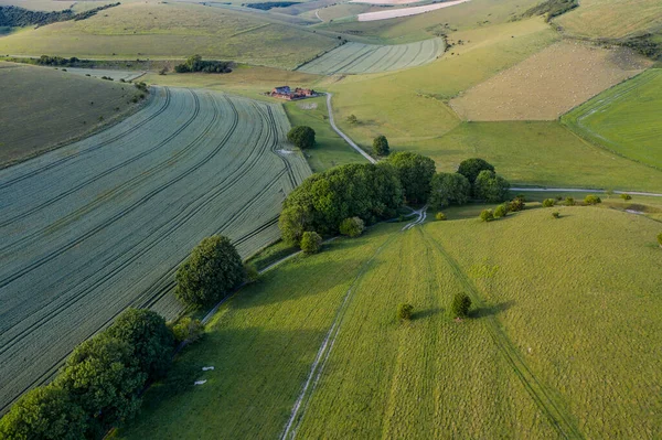 Beautiful Drone Landscape Image English Countryside Late Afternoon Sunset Summer — Stock Photo, Image