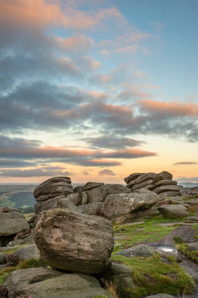 Vista Deslumbrante Paisagem Final Verão Urze Peak District Torno Higger — Fotografia de Stock