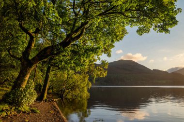 Göz kamaştırıcı gündoğumu manzarası. Göl Bölgesi 'ndeki Loweswater' dan Alçak Fell ve Grasmere 'e doğru bakıyor. Dağların zirvelerinde renkli gökyüzü kırılıyor.