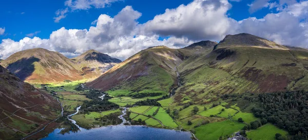Stunning High Point View Flying Drone Lake District Landscape Late — Stock Photo, Image
