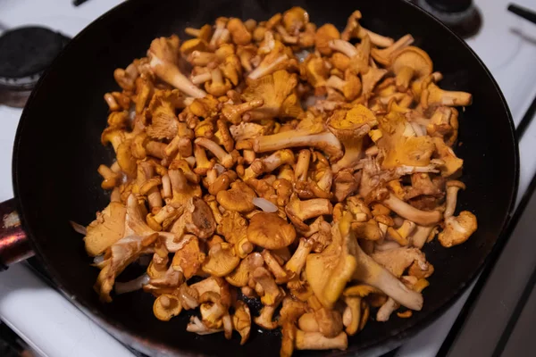 Mushrooms on black frying pan top view — Stock Photo, Image