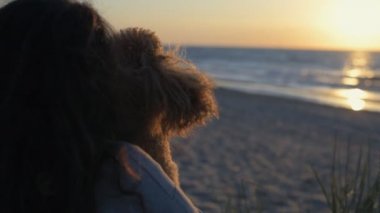 Kadın köpeğini kumlu deniz Beach ile. Kavramsal özgürlük, seyahat ve tatil görüntü. Ağır çekim.
