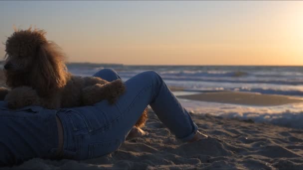 Ung Kvinna Med Hennes Hund Ligga Och Koppla Stranden — Stockvideo