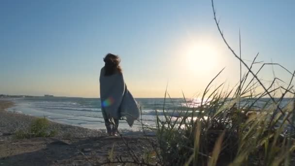 Ung Kvinna Med Hennes Hund Som Avkopplande Stranden — Stockvideo